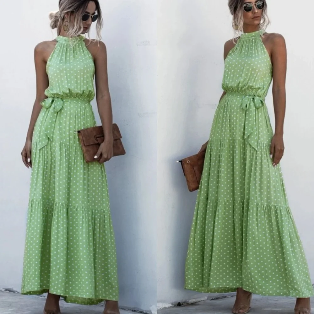 Boho green halter dot belted maxi dress - Picture 4 of 7